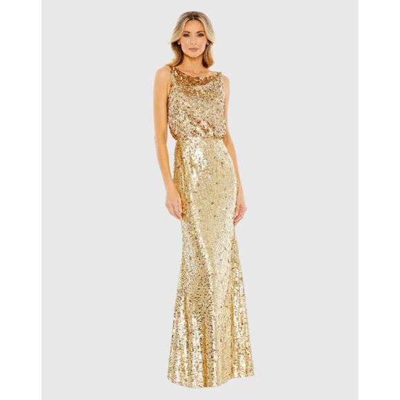 Mac Duggal 93645 Gold Sequined Sleeveless High Neck Formal Cocktail Gown Size 6